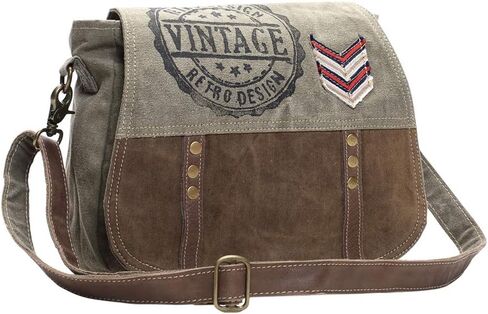 Retro Chevron Patch Upcycled Canvas and Genuine Leather Crossbody Bag in Kuwait