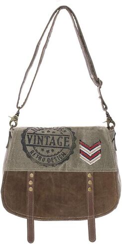 Retro Chevron Patch Upcycled Canvas and Genuine Leather Crossbody Bag in Kuwait