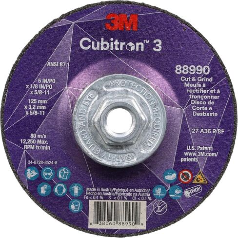 عجلة قطع وطحن 3M Cubitron 3، 88990، 36+، T27، 5 بوصة × 1/8 بوصة × 5/8 بوصة-11، حزمة من 10 قطع، ANSI، عمر أطول، قطع أسرع، تلاعب خلفي، إزالة لحام الشرائح، قطع، طحن in Saudi Arabia