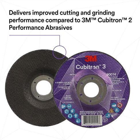 عجلة قطع وطحن 3M Cubitron 3، 88990، 36+، T27، 5 بوصة × 1/8 بوصة × 5/8 بوصة-11، حزمة من 10 قطع، ANSI، عمر أطول، قطع أسرع، تلاعب خلفي، إزالة لحام الشرائح، قطع، طحن in Saudi Arabia