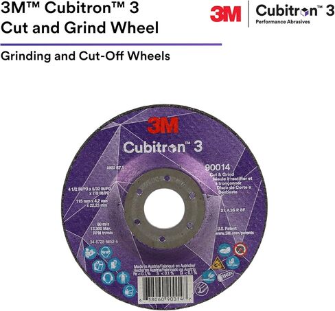 عجلة قطع وطحن 3M Cubitron 3، 88990، 36+، T27، 5 بوصة × 1/8 بوصة × 5/8 بوصة-11، حزمة من 10 قطع، ANSI، عمر أطول، قطع أسرع، تلاعب خلفي، إزالة لحام الشرائح، قطع، طحن in Saudi Arabia