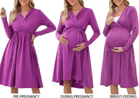 OUGES Womens Maternity Nursing Dress 2023 Long Sleeve V Neck Wrap Pregnancy Dresses with Pockets in Saudi Arabia