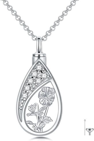 12 Birth Flower Urn Necklaces for Ashes 925 Sterling Silver Teardrop Urn Necklace Flower Cremation Jewelry with Funnel Filler Kit Ashes Necklace for Women Human in Saudi Arabia