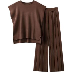HangNiFang 2 Piece Sweater Sets for Women Knit Outfits Short Sleeve Knit Pullover Tops Wide Leg Pants