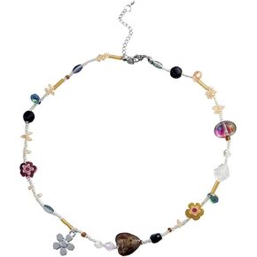 Uarein Crystal Heart Flower Beaded Necklace. Irregular Beads Necklaces Creative Choker Necklaces Jewelry Gifts for Women Teen Girls