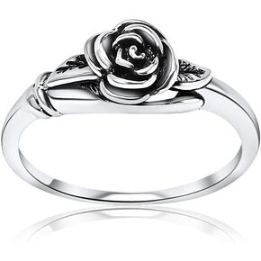 Hoops & Loops 925 Sterling Silver Oxidized Flower Leaves Rose Blooming Branch High Polish Tarnish Resistant Comfort Fit Floral Ring for Women & Teen Girls