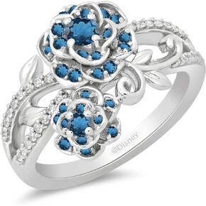 Jewelili Enchanted Disney Fine Jewelry Sterling Silver 3 MM Round London Blue Topaz and 1/6 Cttw Natural White Round Diamond Cinderella 70th Gardania Flower Ring