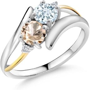 Gem Stone King 0.92 Ct Sky Blue Aquamarine Peach Morganite 925 Silver and 10K Yellow Gold Ring