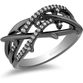 Jewelili Enchanted Disney Fine Jewelry Sterling Silver with Black Rhodium 1/6 Cttw Diamond Maleficent Ring