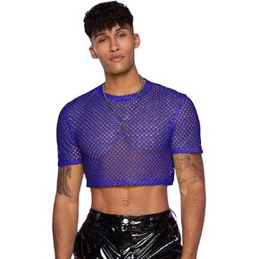 WDIRARA Men's Fishnet Mesh Tee Shirt Round Neck Short Sleeve Crop Top