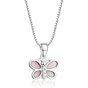 Children's Sterling Silver Pink Butterfly with Sparkling CZs Necklace for Little Girls, Kids, and Toddlers, 14"