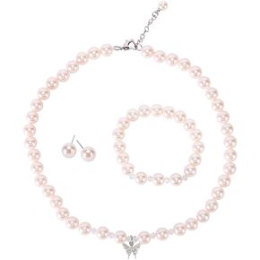 Pink 8mm 14.5inch Faux Glass Imitation Crystal Glass Imitation Pearls Necklace Bracelet Earring Butterfly Pendant Jewelry 3 set for Girls Kids