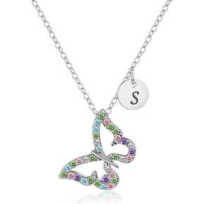 Kiokioa Butterfly Gifts for Girls Necklaces Colorful CZ Silver Plated Letter Initial Butterfly Pendant Necklace 26 Initial Necklace Christmas Birthday Gift Butterfly Gifts for Girls
