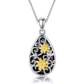 ONEFINITY Black Onyx Necklace Sterling Silver Filigree Flower Black Onyx Pendant Necklace Natural Onyx Jewelry For Women Girls