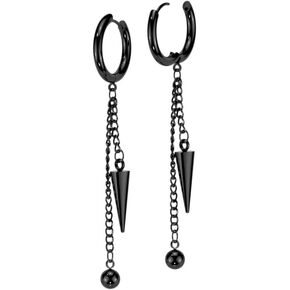 20GA 316L Stainless Steel Dangling Chain with Ball and Cone Spikes Hinged Hoop Earrings, Sold as a Pair