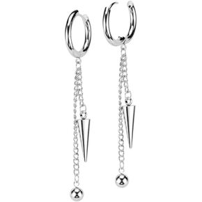20GA 316L Stainless Steel Dangling Chain with Ball and Cone Spikes Hinged Hoop Earrings, Sold as a Pair