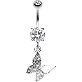 Pierced Owl 14GA Stainless Steel CZ Crystal Paved Butterfly with Cutout Dangling Belly Button Ring