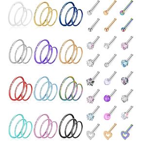 LOAYHOAY 60Pcs 20G Stainless Steel Nose Rings Hoop for Women Men Colorful L Shape Nose Studs CZ Heart Hypoallergenic Nose Piercing Jewelry