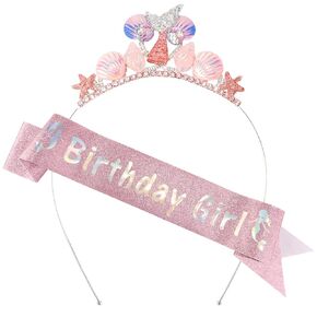 SuPoo Mermaid Tail Princess Tiara and Sash Birthday Girl Headbands