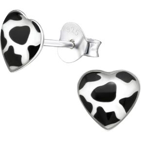 PTN Cow Print Heart Earrings Black and White Earrings Studs Small 925 Sterling Silver (E31705)