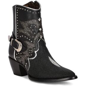 Cuadra Women's Bootie in Genuine Stingray Leather Black with Zipper and Studs
