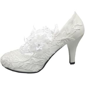 Dress First Wedding Shoes for Bride Women Pump Faux Leather High Heel Closed Toe Flower Rhinestone Lace Elegant Slip On Shoes