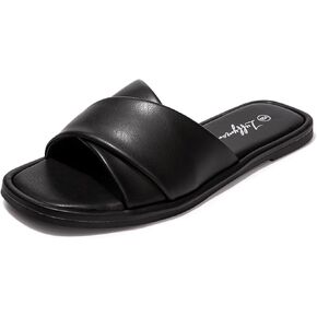 Luffymomo Womens Square Toe Flat Sandals Soft Leather Slide Sandals Cute Slip on Slippers for Summer