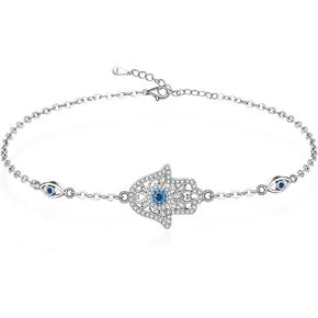Hamsa Hand Evil Eye Bracelet for Women Teen Girls Sterling Silver Dainty Cute Crystal Round Blue Evil Eye Fatima Bracelets