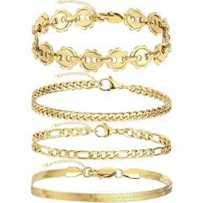 CaptainSteeL Gold Chain Bracelets Set for Women 14K Gold Plated Link Chain Bracelets for Women 4Pcs&5Pcs Bracelets for Jewelry Gifts Women Adjustable 6.5"+2"