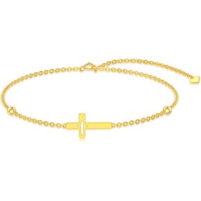 Silwan 14K الذهب الصليب سوار للنساء، الذهب الأصفر قابل للتعديل المعتقد الديني الصليب أساور الخرزة ربط سوار غرامة المجوهرات الهدايا لزوجتها أمي ابنة، 6.5 + 1 + 1 بوصة in Kuwait