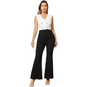 WDIRARA Women's Colorblock Double Breasted Sleeveless Collar Elegant Jumpsuit Flare Leg Split Pants