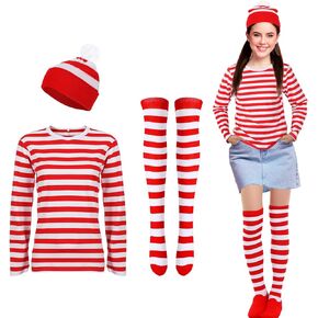 Haysandy Christmas Costume Set Christmas Outfit Red and White Striped Shirt Hat Socks for Halloween Cosplay