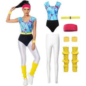 MASSWO Womens Aerobics Costume 80s Workout Outfit 90s Accessories Set Retro Jogging Suit Waist Bag Gym Yoga Running