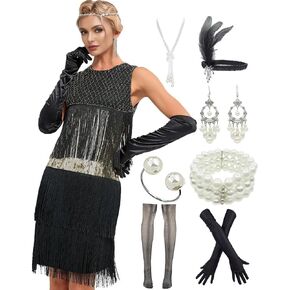 YACHARM 1920s Flapper Long Fringe Gatsby Roaring 20s Sequins Beaded Vintage Art Deco Dress with 20s Accessories Set