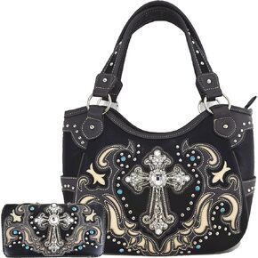 Western Style Rhinestone Cross Tote Concealed Carry Purse Laser Cut Handbag Women Shoulder Bag Wallet Set
