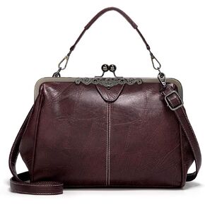 Vintage Kiss Lock Handbags for Women Oil Leather Evening Clutch Satchel Purse Tote