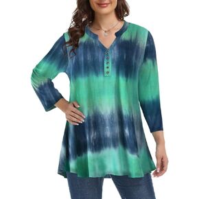 MONNURO Women's Plus Size Tops 3/4 Sleeve Shirts V Neck Fixed Buttons Tunic Blouses