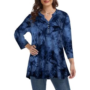 MONNURO Women's Plus Size Tops 3/4 Sleeve Shirts V Neck Fixed Buttons Tunic Blouses