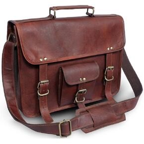 ANUENT Laptop Bags Vintage Soft Leather Messenger Brown Real Laptop Satchel Bag Genuine Briefcase A (15 INCHES)