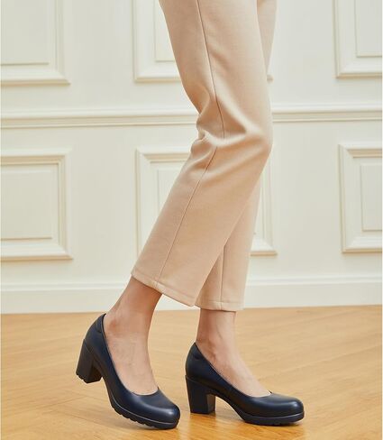 Trary Women's Chunky Low Block Heels Slip on Pumps,Comfortable Classic Closed Round Toe Work Dress Wedding Office Lady Pumps Shoes in Kuwait