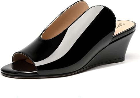 SHOWFOREST Women's Open Toe Casual Solid Slip On Outdoor Round Toe Patent Wedge Low Heel Pumps Shoes 2 Inch in Saudi Arabia