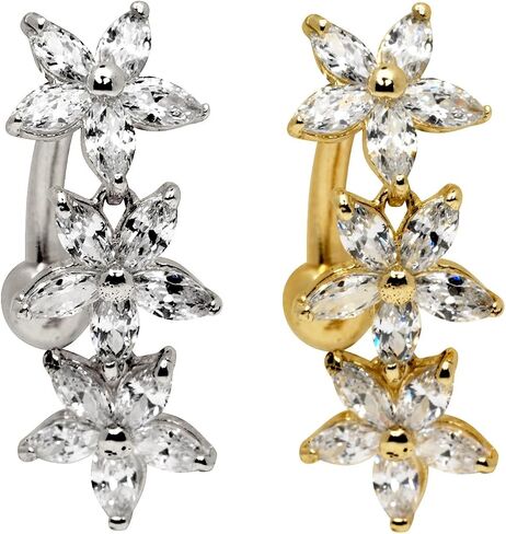 JewelryWeb Solid 14k Yellow or White Gold Marquise Flower Cubic Zirconia Top Mount Belly Button Ring Dangle (7mm x 24mm) in Saudi Arabia