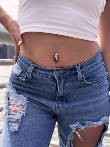 JewelryWeb Solid 14k Yellow or White Gold Marquise Flower Cubic Zirconia Top Mount Belly Button Ring Dangle (7mm x 24mm) in Saudi Arabia