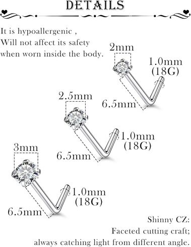 3 Pairs Surgical Steel/Titanium Nose Rings Studs L-Shape Nose Nostrial Piercing Body Jewerly for Women 22g/20g/18g Nose ring CZ 2mm/2.5mm/3mm in Kuwait