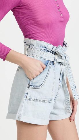 [BLANKNYC] Womens Pleated Denim Paper Bag Cuffed Shorts with Self Belt, Stylish & Designer Clothing in Saudi Arabia