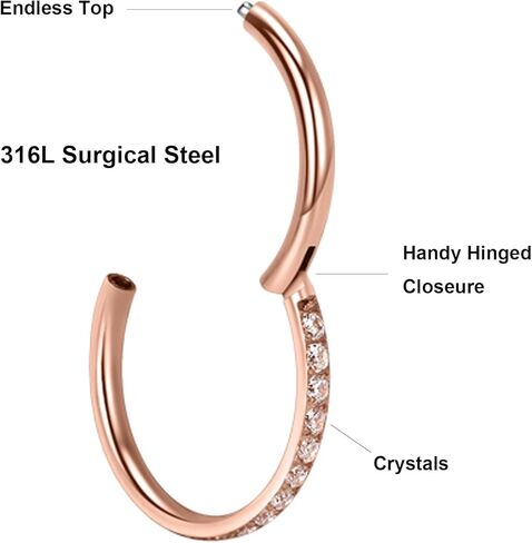 حلقات انف من الستيل الجراحي 316l من لوف بيرسينج مرصعة بالكريستال 18G/16G، قطر 6 ملم الى 12 ملم، ذهبي/ذهبي وردي/فضي/اسود in Kuwait