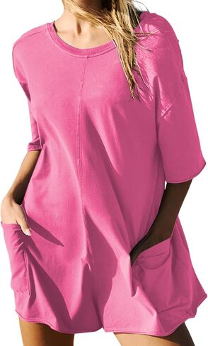 Athletic Jumpsuits Back V Neck Workout T-shirt Rompers Short Sleeve Oversized Onesie Casual Activewear(otPink-M) in Saudi Arabia