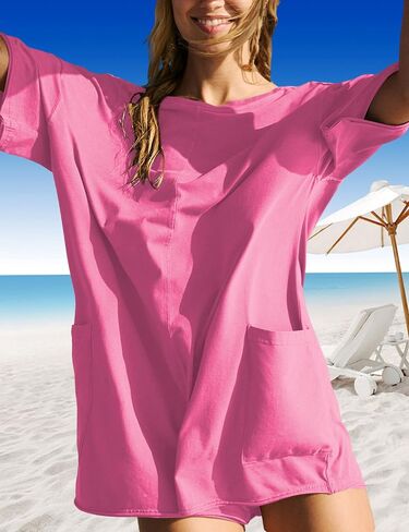 Athletic Jumpsuits Back V Neck Workout T-shirt Rompers Short Sleeve Oversized Onesie Casual Activewear(otPink-M) in Saudi Arabia