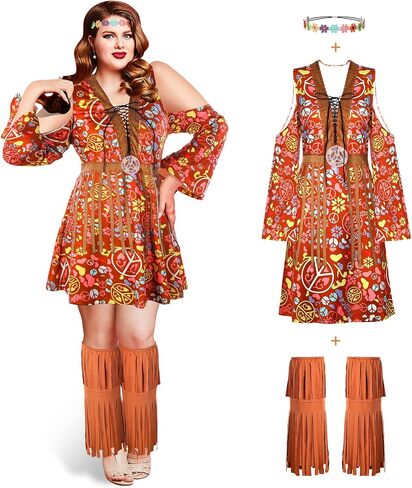Zhanmai 70s Hippie Women Costume Disco Dress Outfit Flower Headband Ankle Socks Peace Sign for Ladies Costume Cosplay Party in Saudi Arabia