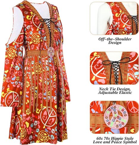 Zhanmai 70s Hippie Women Costume Disco Dress Outfit Flower Headband Ankle Socks Peace Sign for Ladies Costume Cosplay Party in Saudi Arabia